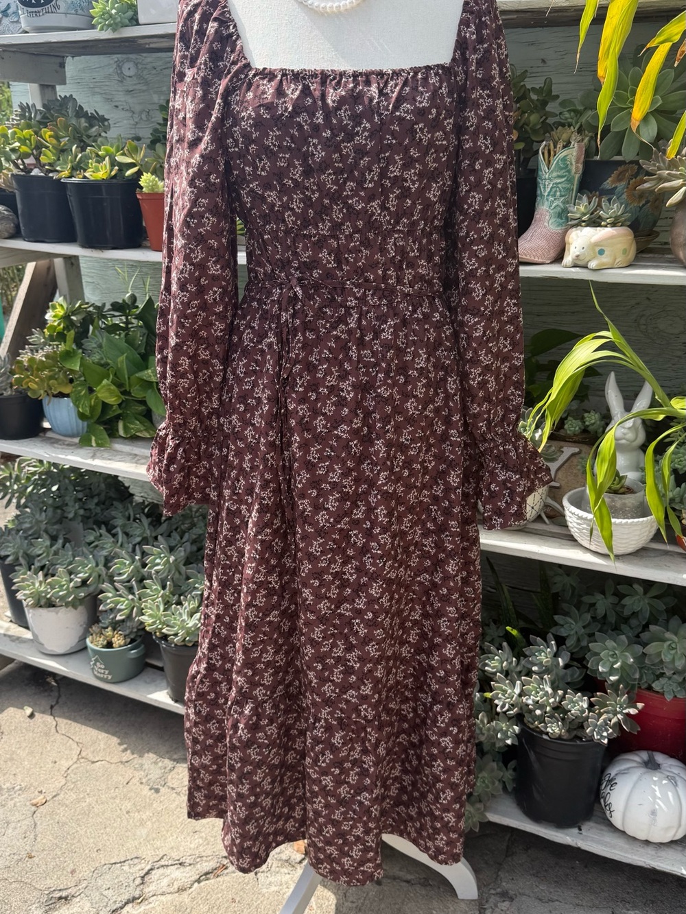 Very J Burgundy Brown Floral Long Sleeve Midi Dress
